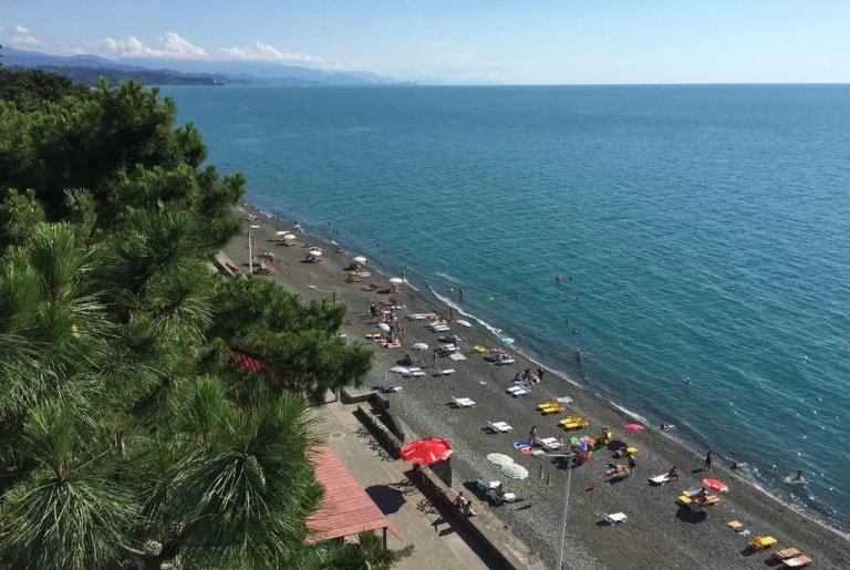 Seaside landscape in Kobuleti, Georgia with a bright blue sky, lush greenery, and calm Black Sea waves representing the region’s mild climate and natural beauty.